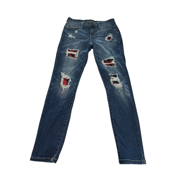 Judy Blue Womens‎ 9/29 Distressed Buffalo Plaid Patch Skinny Jeans JB8268DK EF10 - Picture 1 of 11